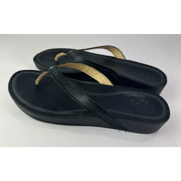 Olukai Ola Full Grain Leather Flip Flops Black Slides Women's Size 10 Sandals - Picture 12 of 14